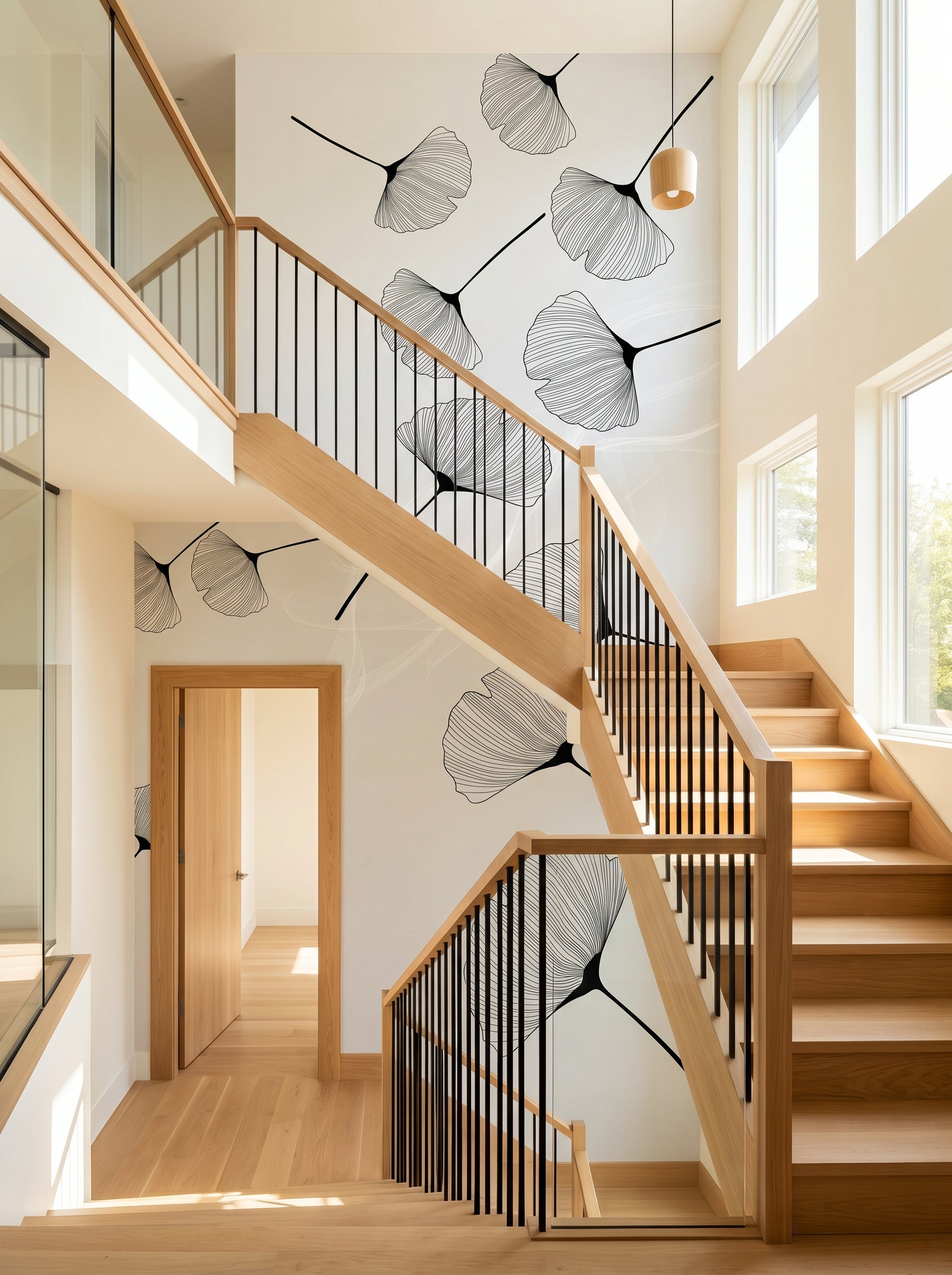 Papier peint escalier - Tendance Ginkgo noir - Muralconcept
