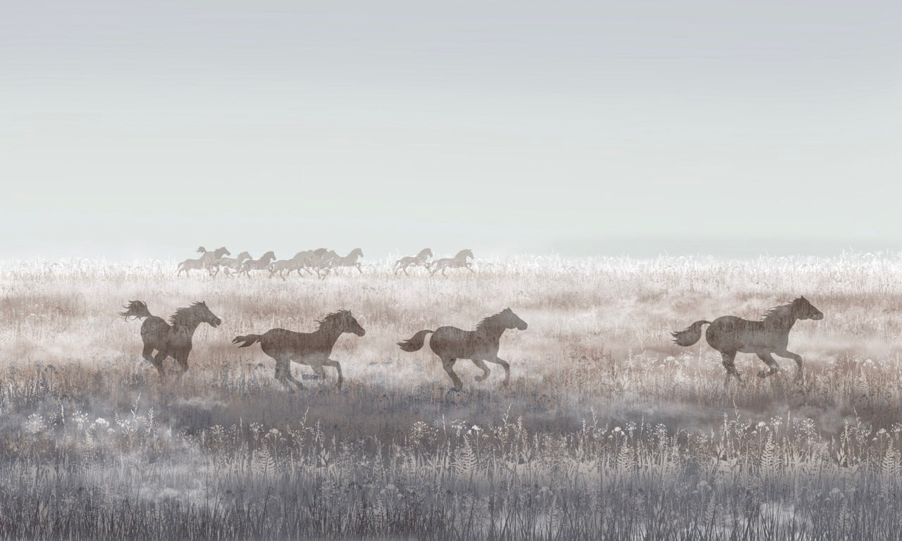 Papier peint panoramique - chevaux au galop dans la brume