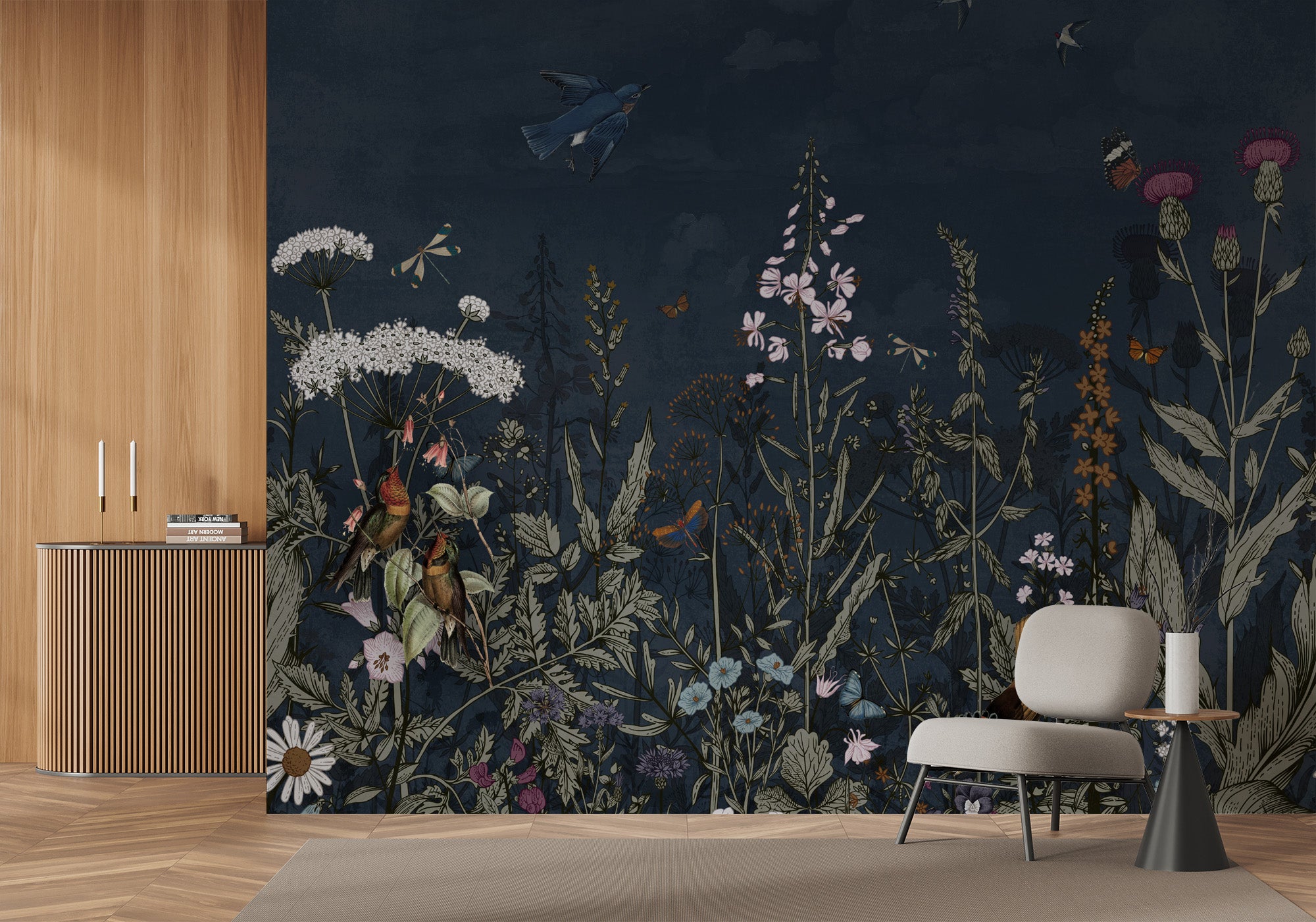 Papier peint panoramique francais bleu nuit floral