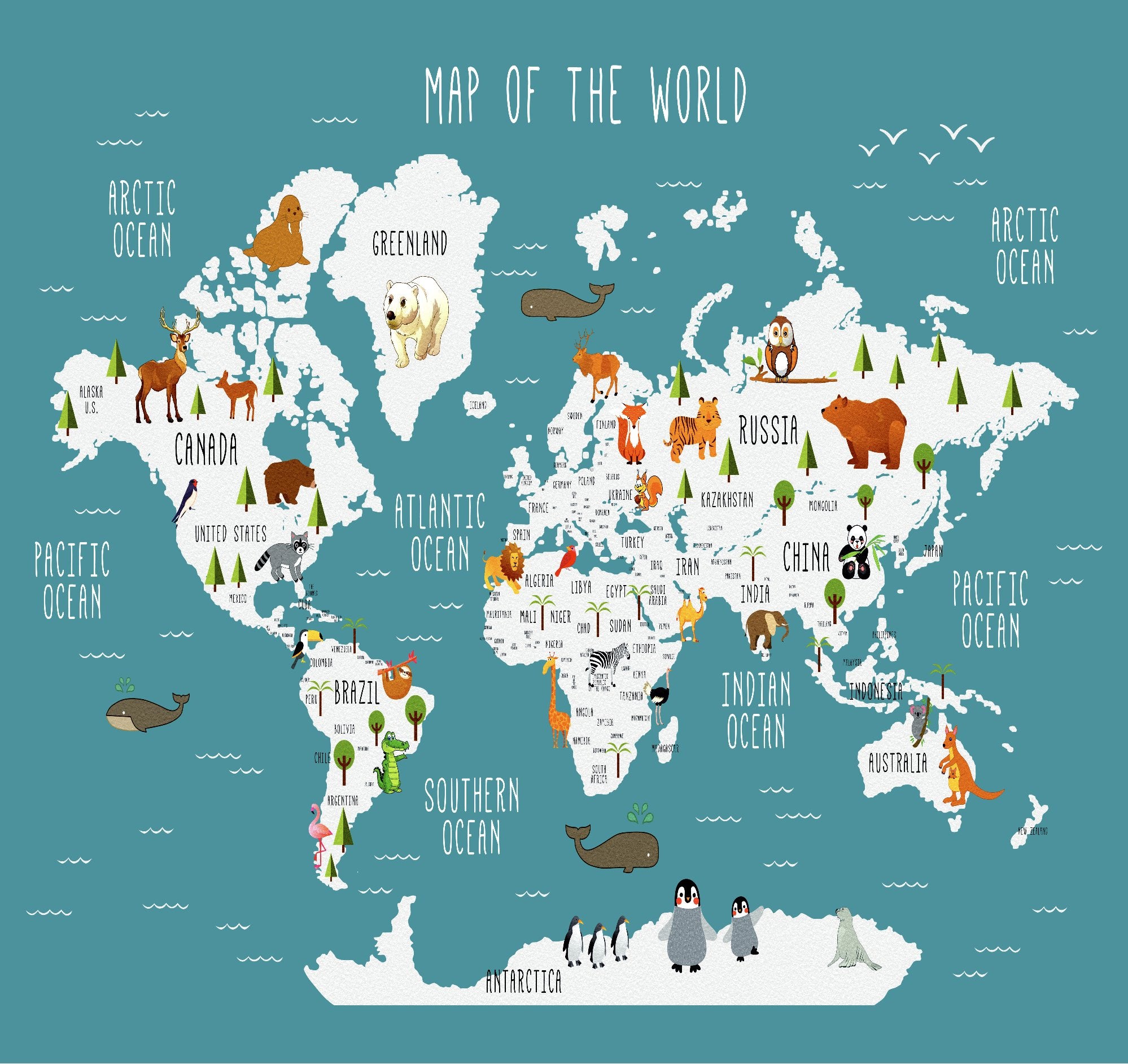 VP Papier peint Carte du monde illustrée Animaux bleu canard, mural concept, tendance