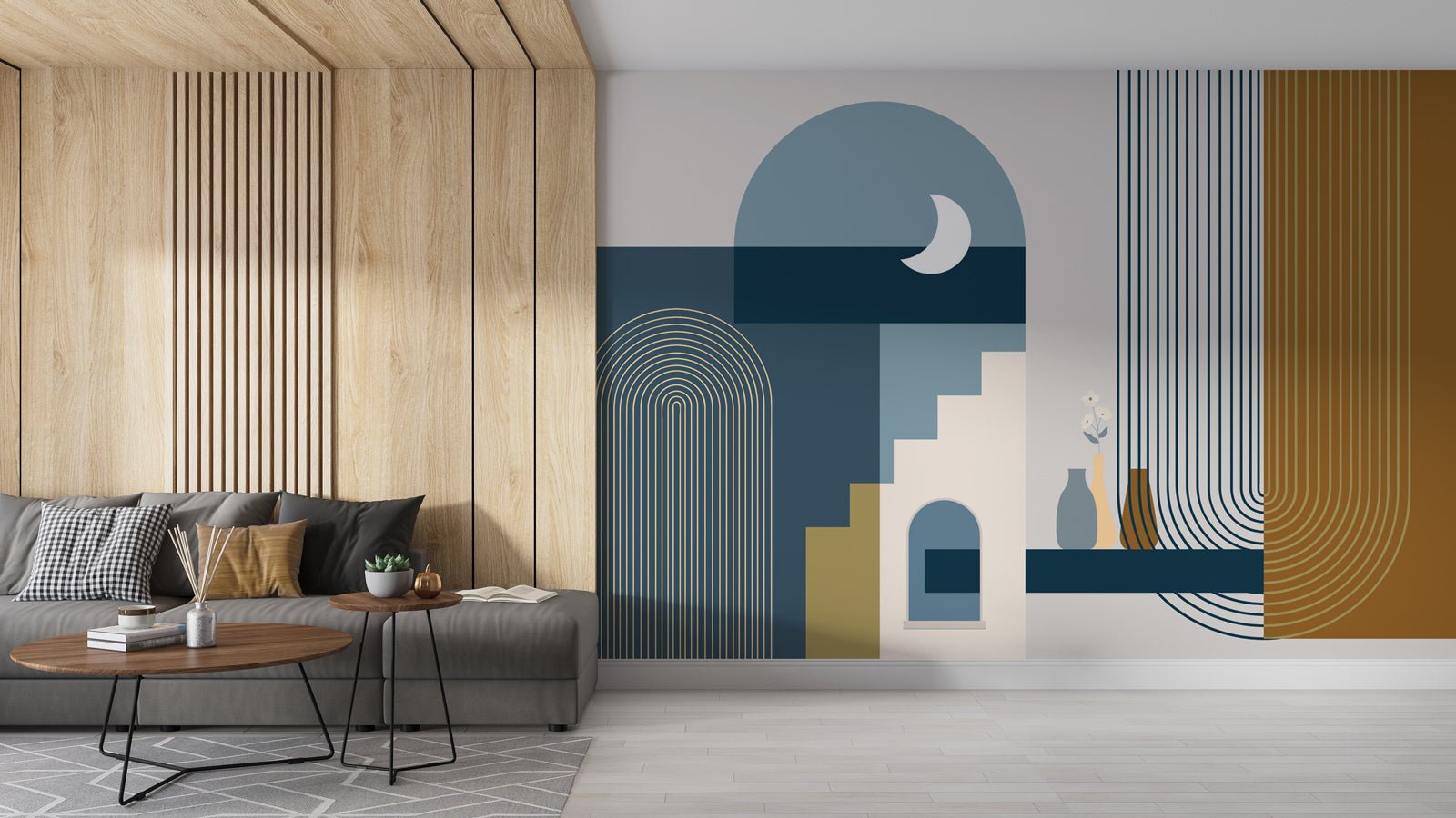 Papier peint arche bleu graphique - papier peint sur mesure francais - muralconcept