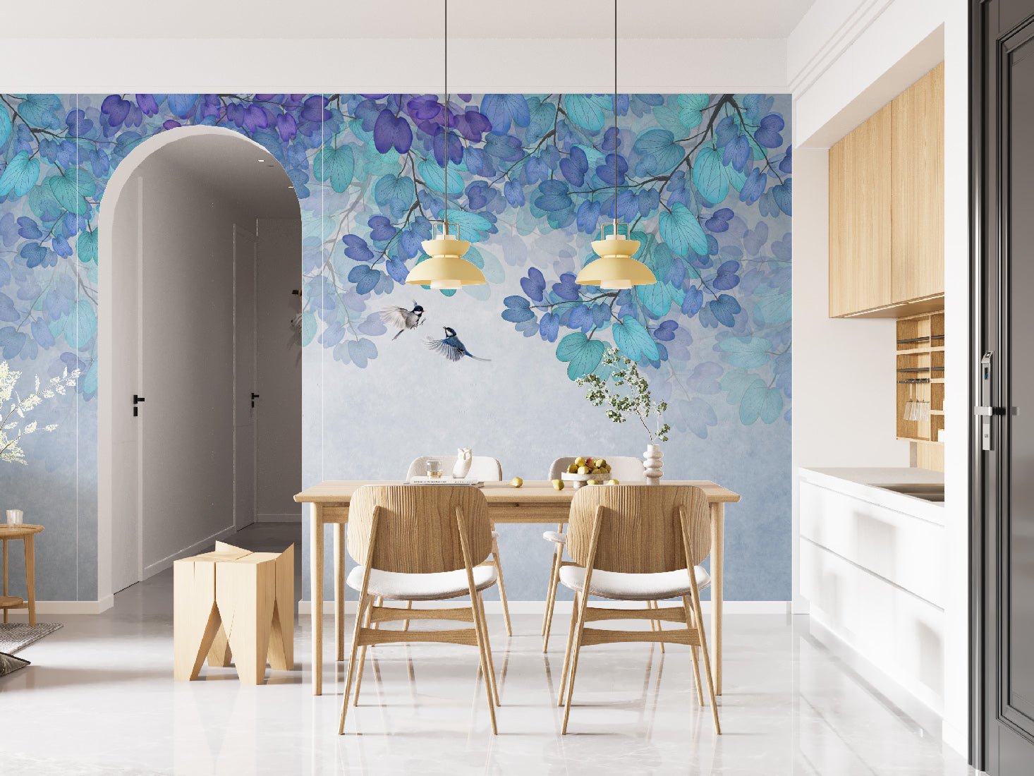 Papier peint feuille bleu - papier peint sur mesure francais - muralconcept