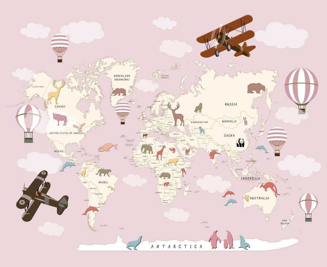 Papier peint Carte du monde Avion fille - papier peint sur mesure francais - muralconcept