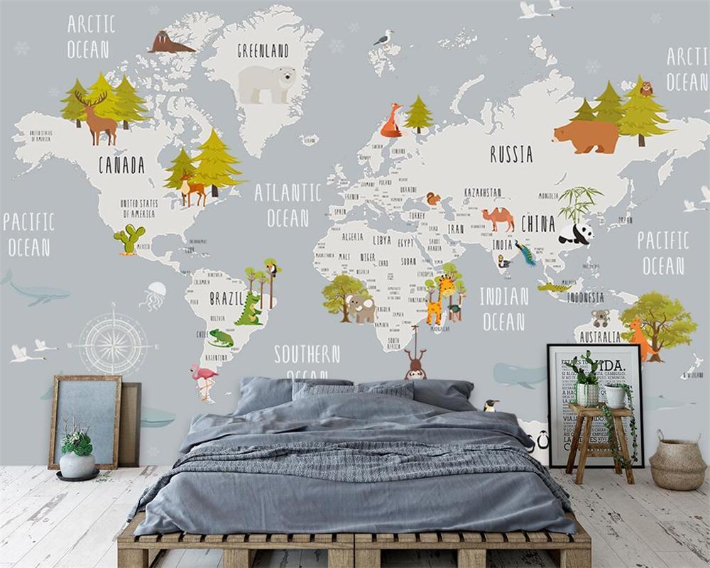 Children's bedroom wallpaper map animals light grey