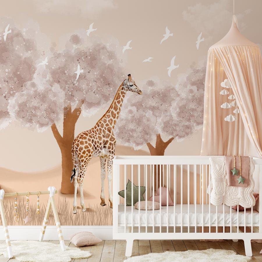 Papier peint chambre enfant Girafe dans la Savane - papier peint sur mesure francais - muralconcept
