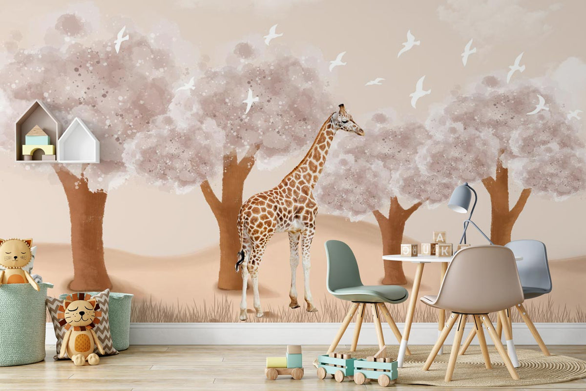 Giraffe in the Savannah children's bedroom wallpaper