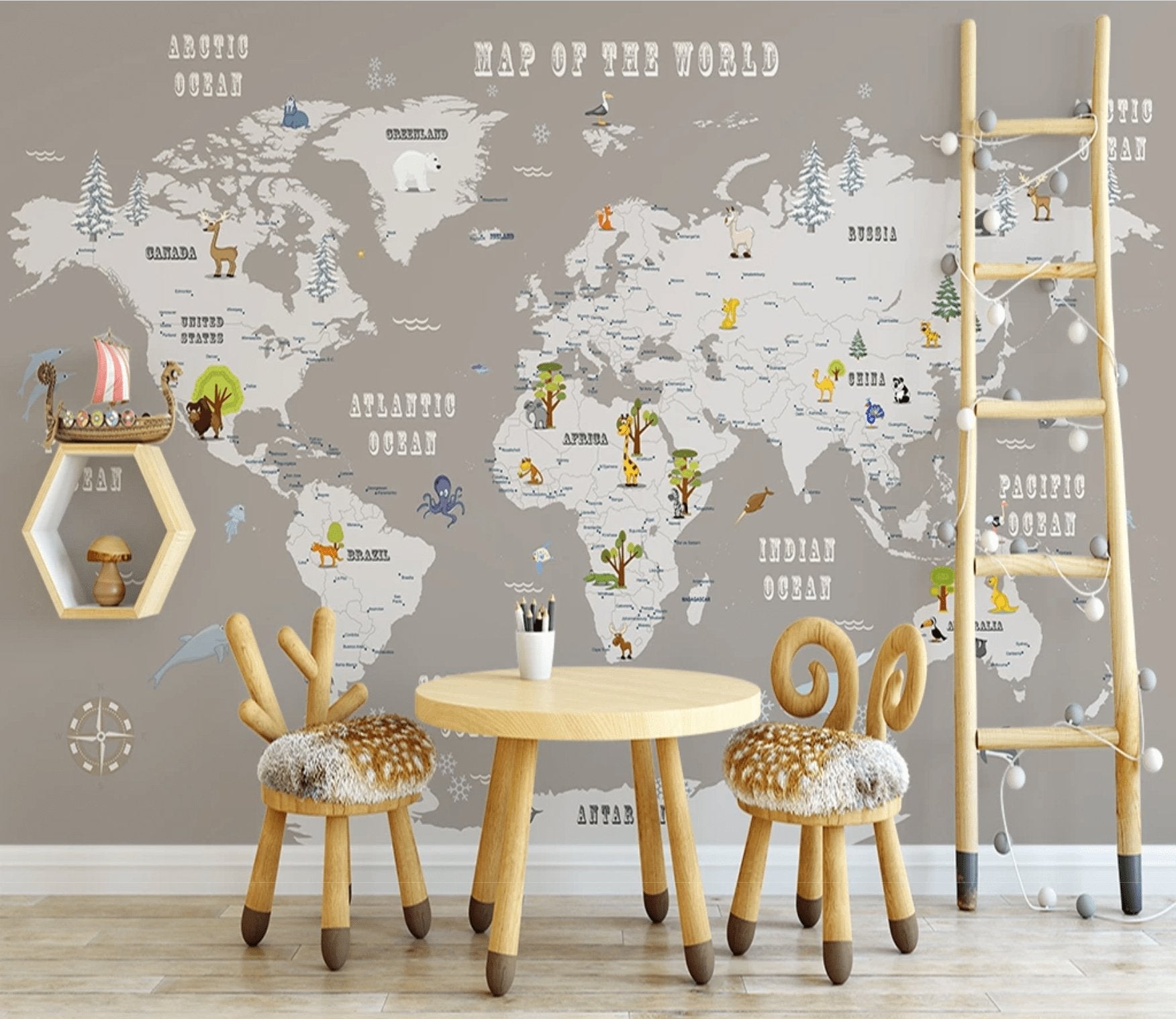 Papier peint enfant Carte du monde couleur taupe - papier peint sur mesure francais - muralconcept