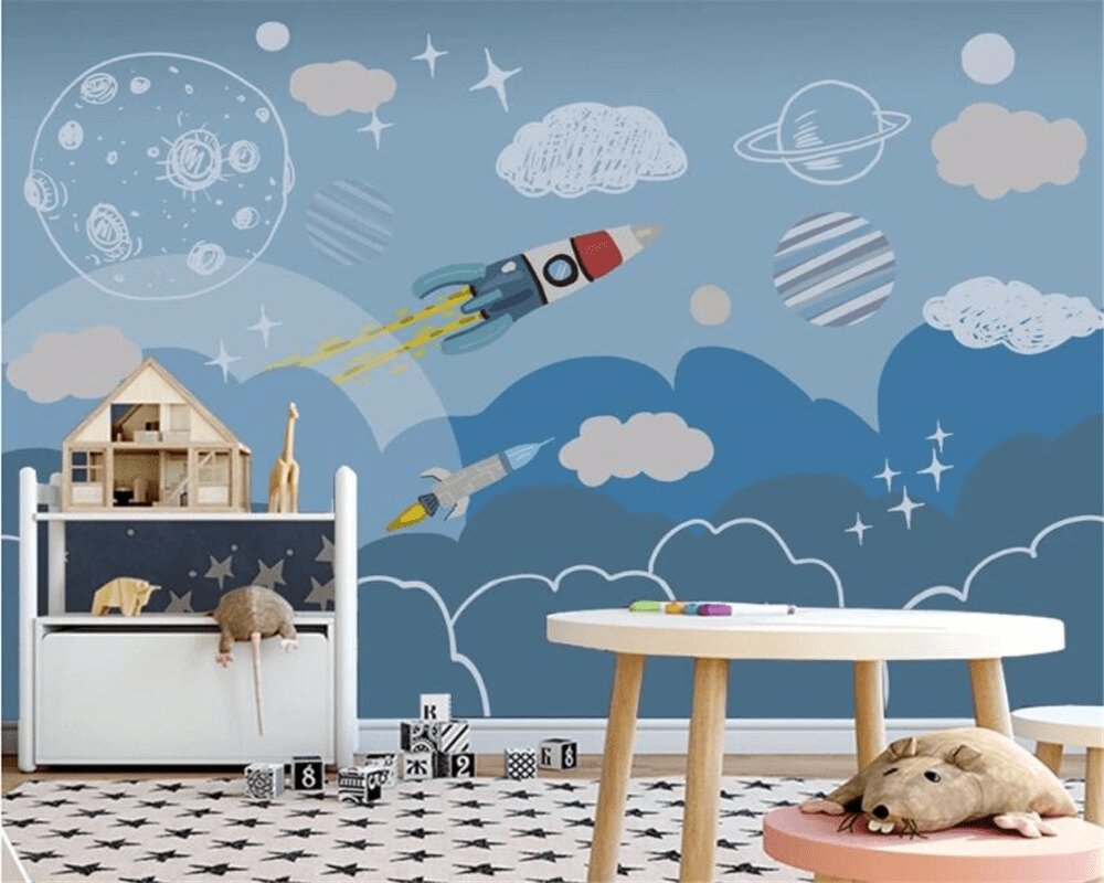 Papier peint enfant fusée espace spatiale - papier peint sur mesure francais - muralconcept
