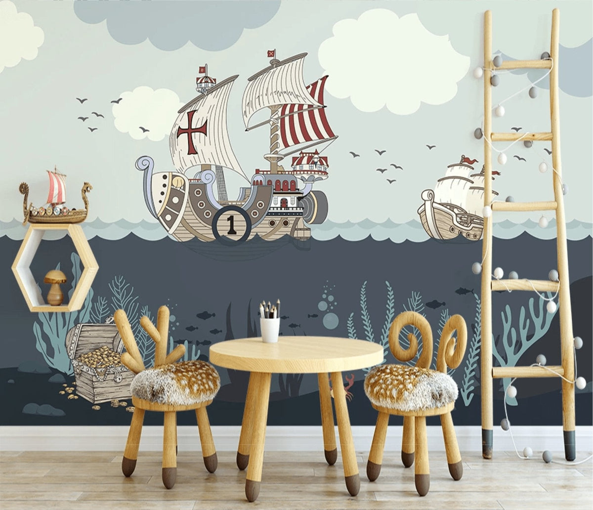 Children's wallpaper pirate ship sailor sea