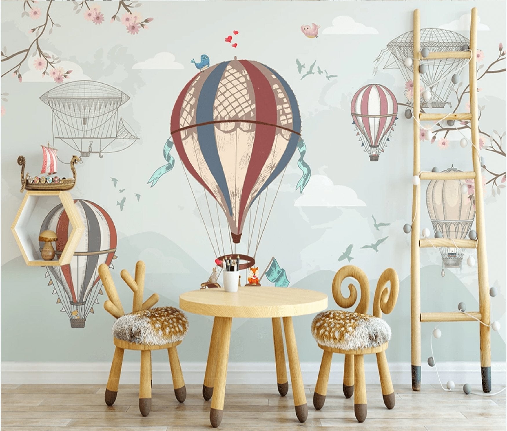 Papier peint enfant vintage montgolfière et animaux - papier peint sur mesure francais - muralconcept