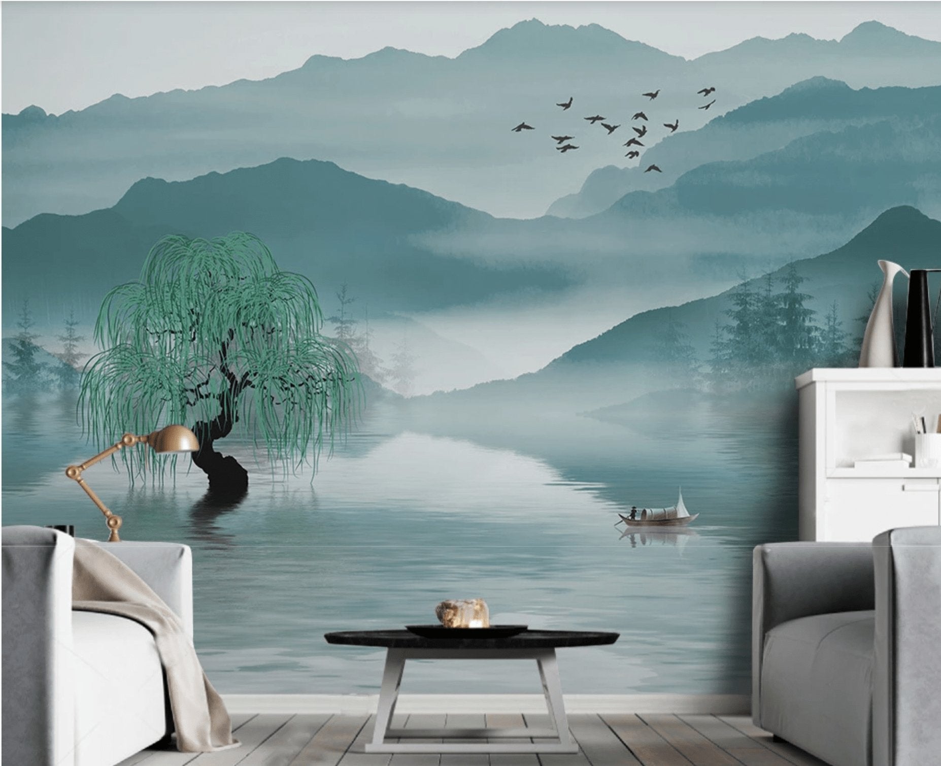 Papier peint entre montagne et lac - papier peint sur mesure francais - muralconcept