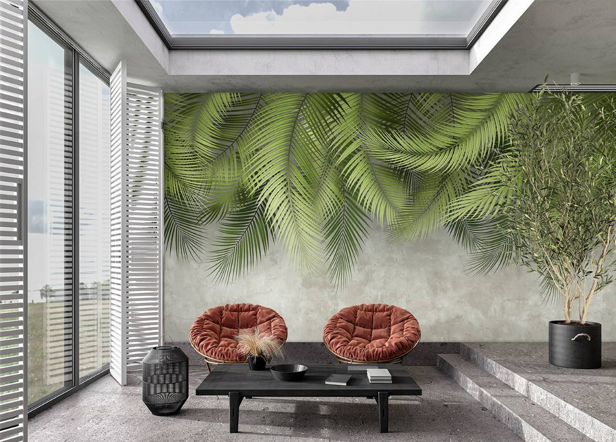 Palm leaf wallpaper and cement wall