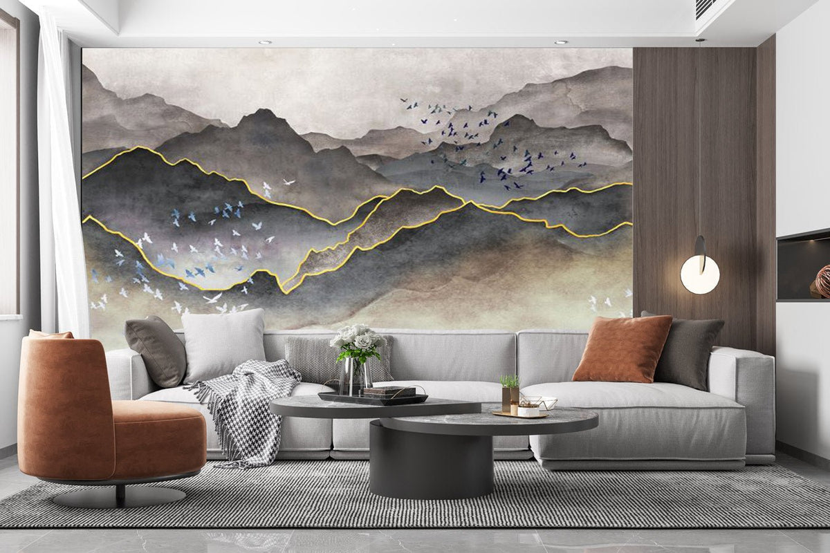 Black and white mountain gold mist non-woven wallpaper