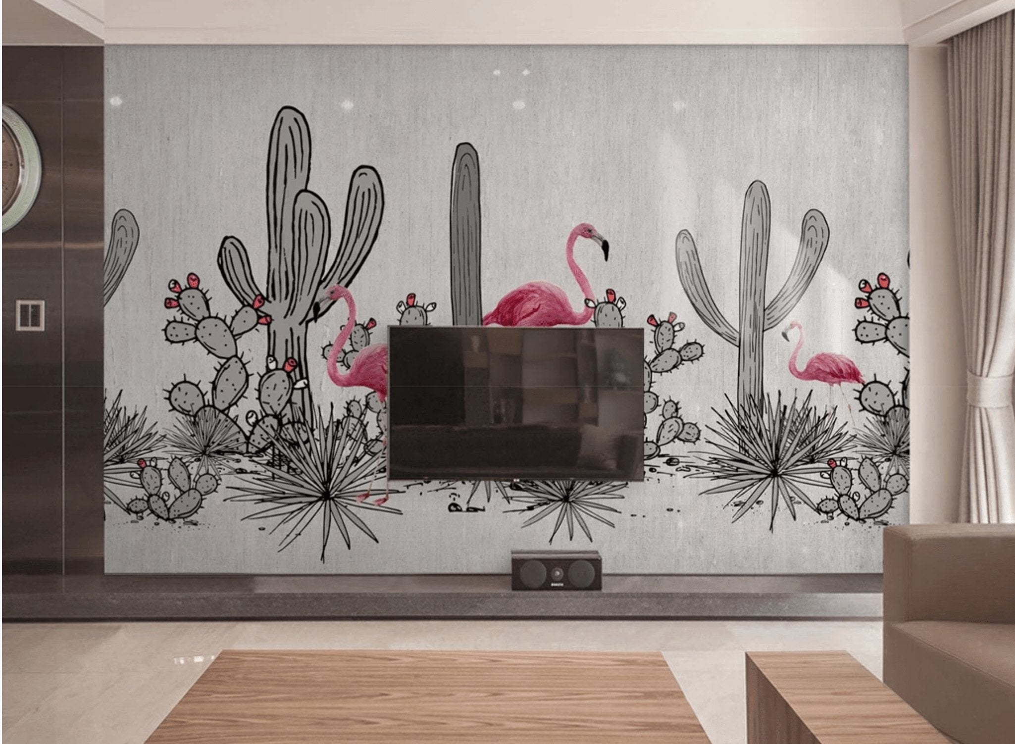 Papier peint panoramique cactus & flamant rose - papier peint sur mesure francais - muralconcept
