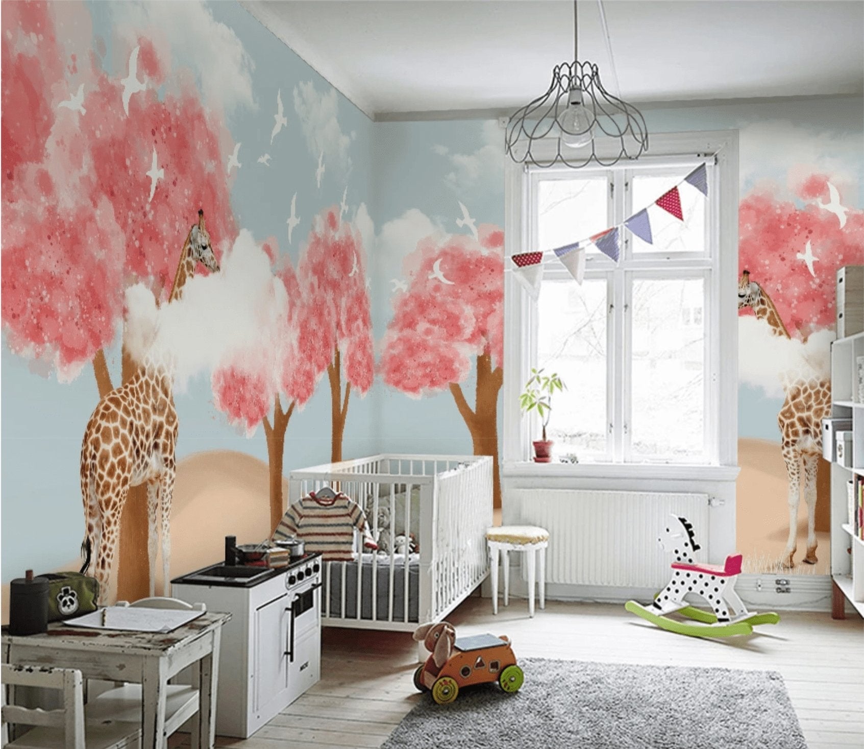Papier peint panoramique enfant scandinave Girafe & Arbres - papier peint sur mesure francais - muralconcept
