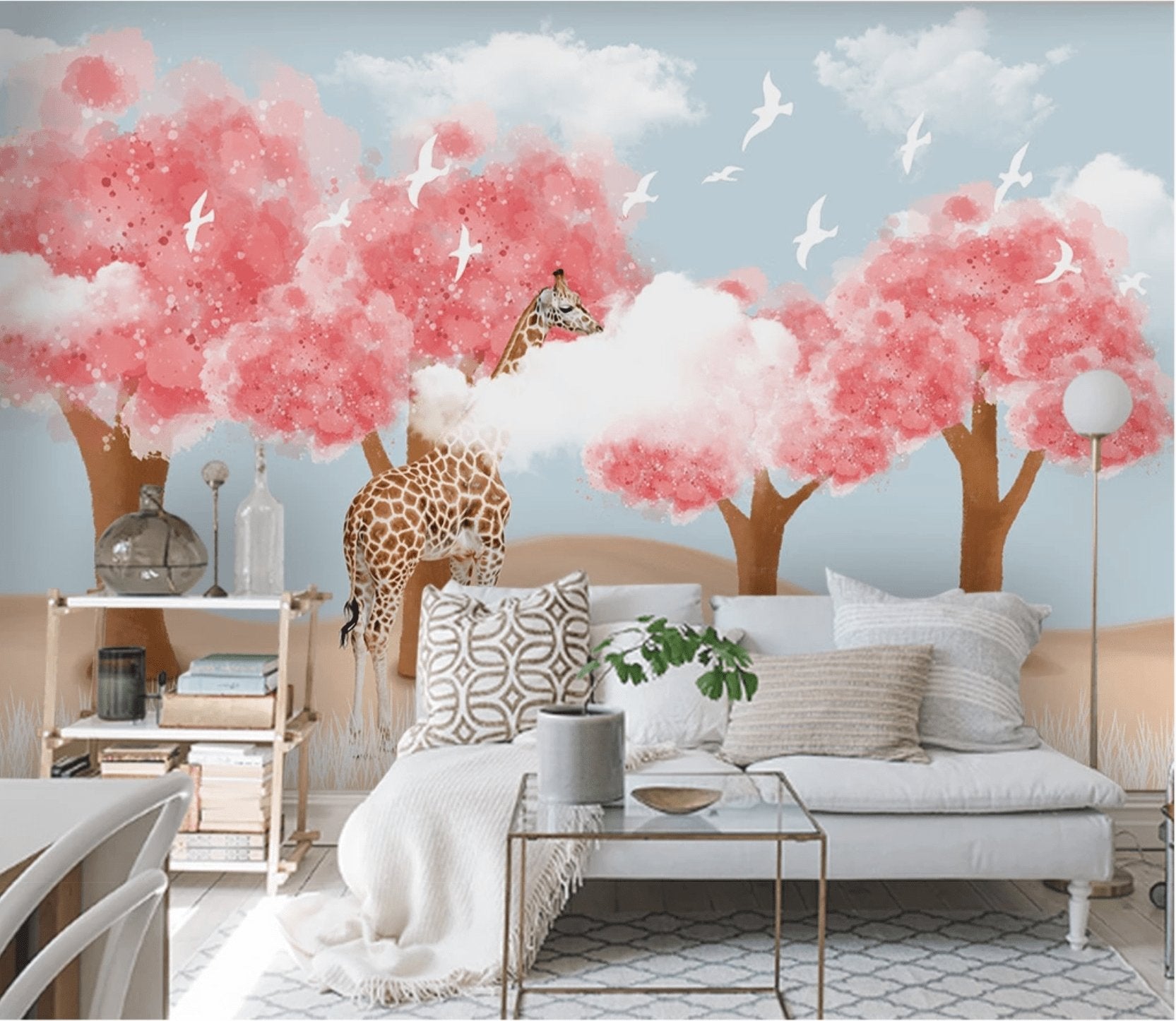 Papier peint panoramique enfant scandinave Girafe & Arbres - papier peint sur mesure francais - muralconcept