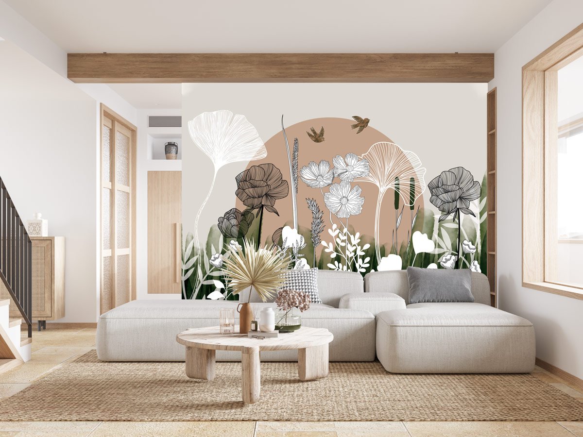 Papier peint panoramique illustration florale - papier peint sur mesure francais - muralconcept