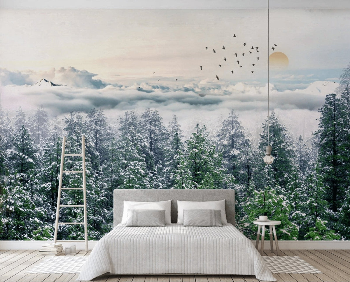 Non-woven panoramic wallpaper snow fir forest