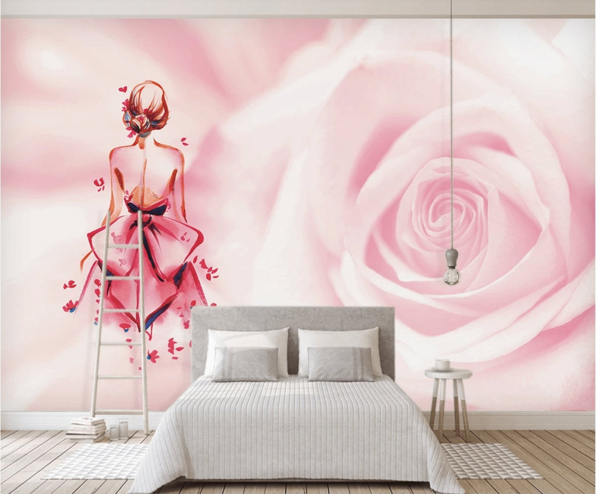 Romantic pink floral panoramic wallpaper