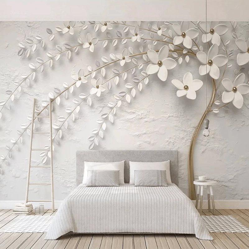 3D panoramic trompe l'oeil flowering tree wallpaper