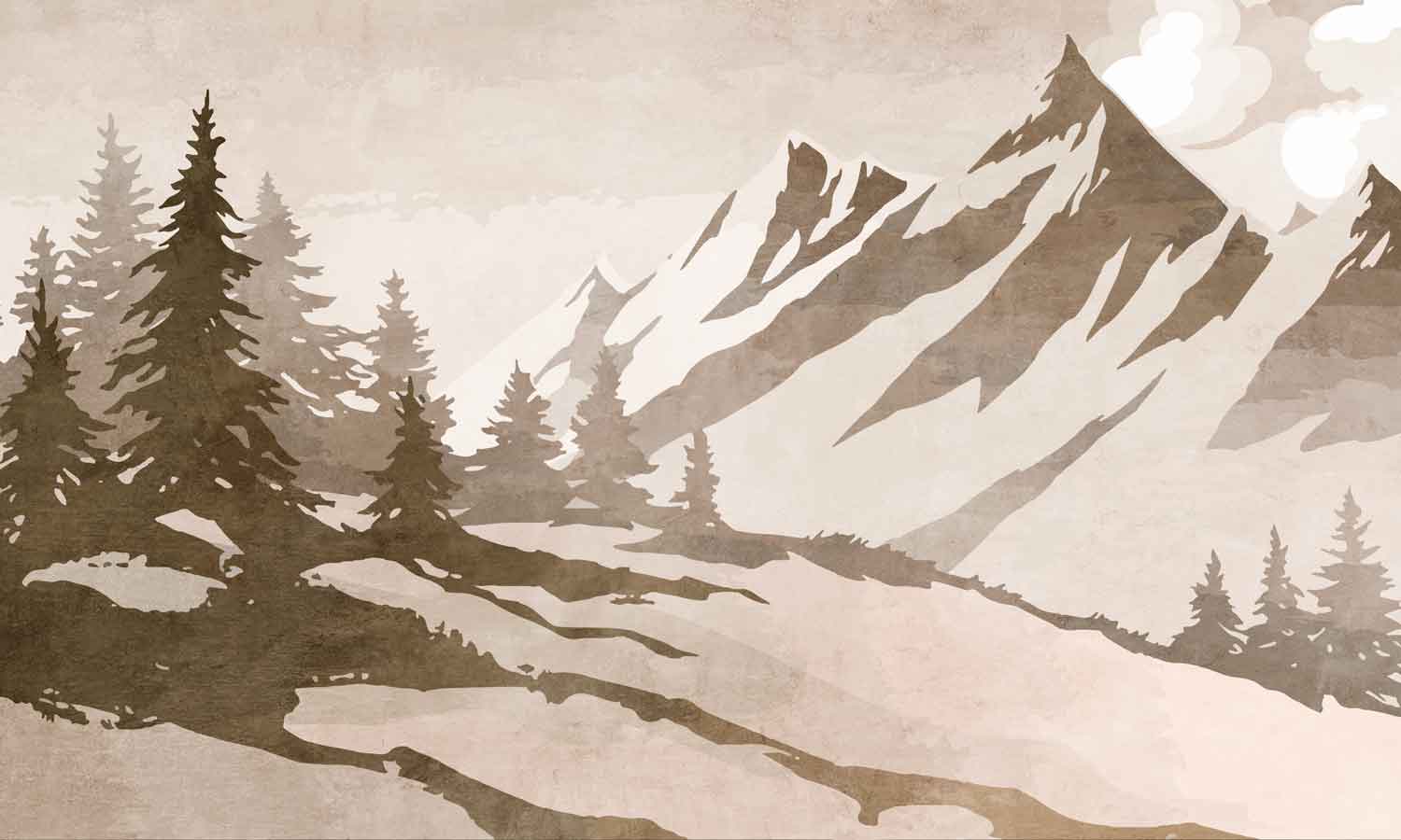 Papier peint sapin et montagne vintage sépia - papier peint sur mesure francais - muralconcept