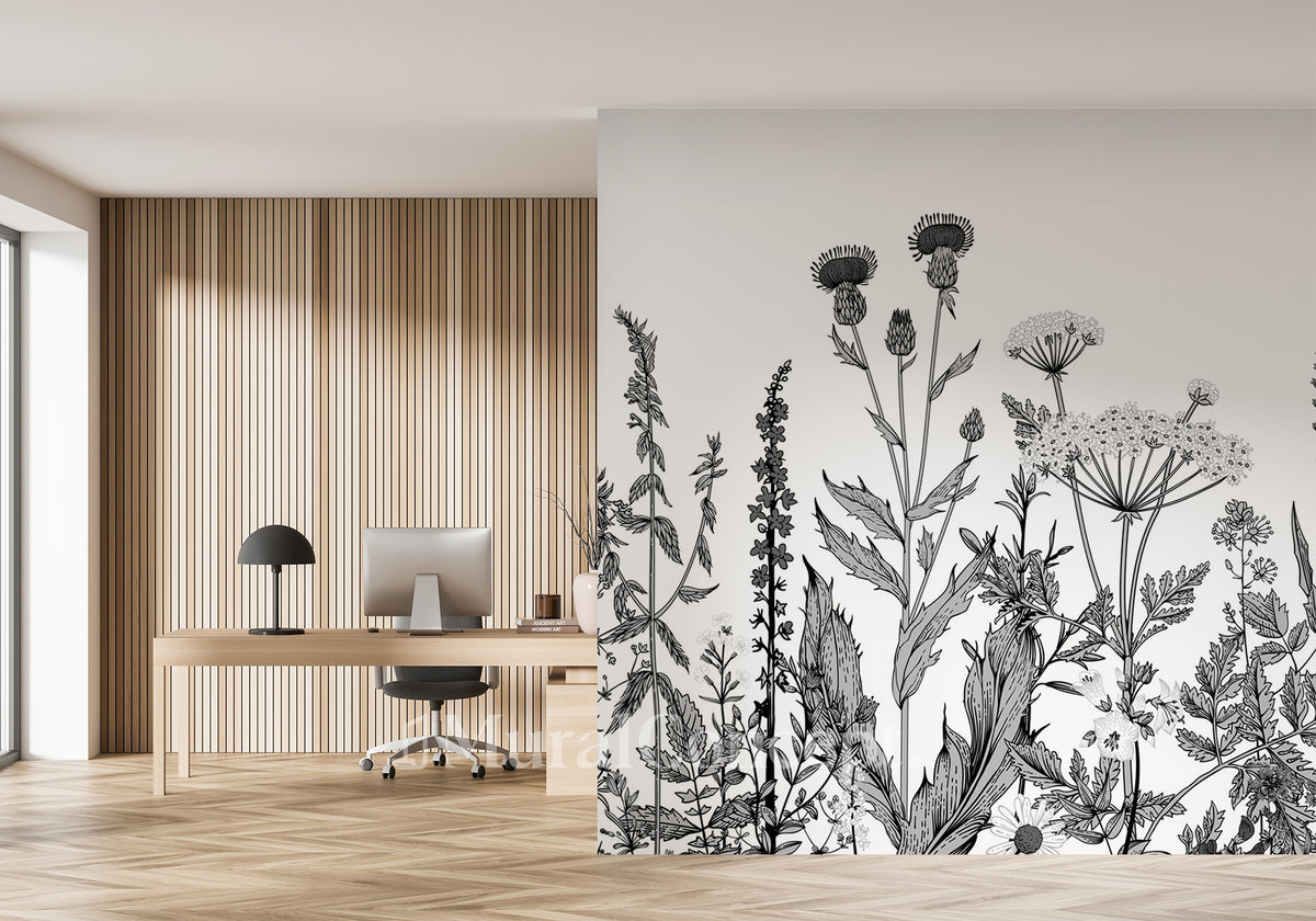 Black and white botanical folk office wallpaper