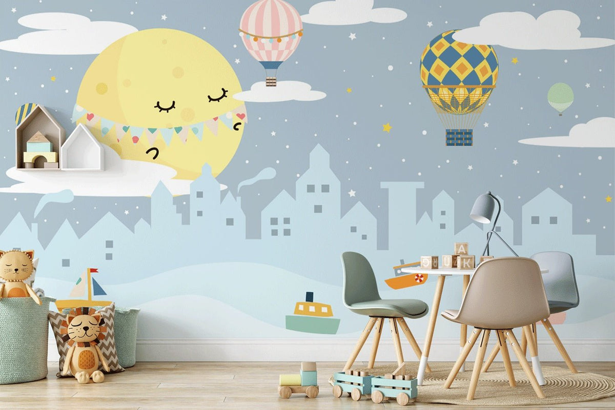 Children's bedroom wallpaper soft moon in the city