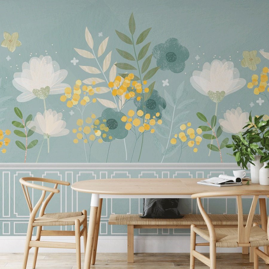 Water green and spring floral kitchen wallpaper