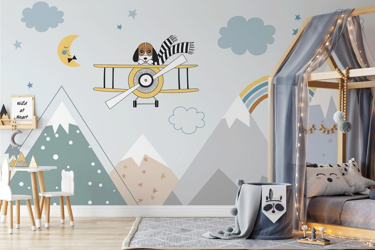 Children's blue Scandinavian mountain wallpaper