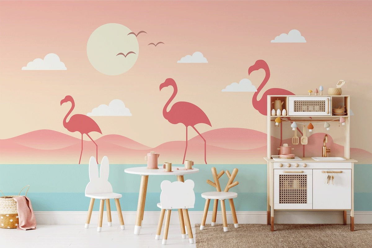 Tropical pink flamingo children's wallpaper