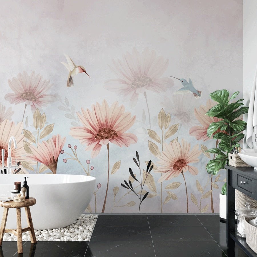 Bucolic flowers & hummingbird wallpaper