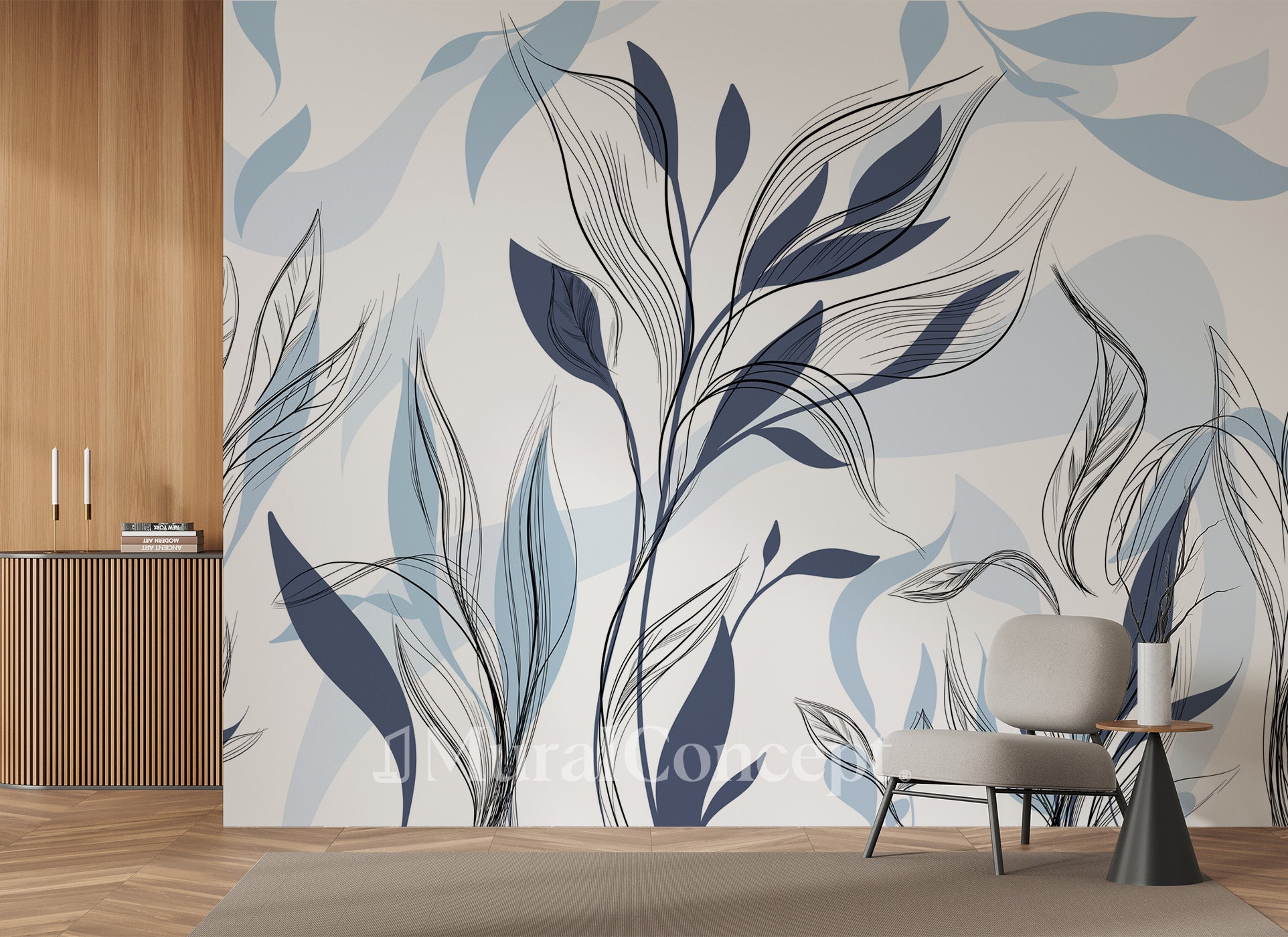 Papier peint fleur graphique bleu - panoramique français