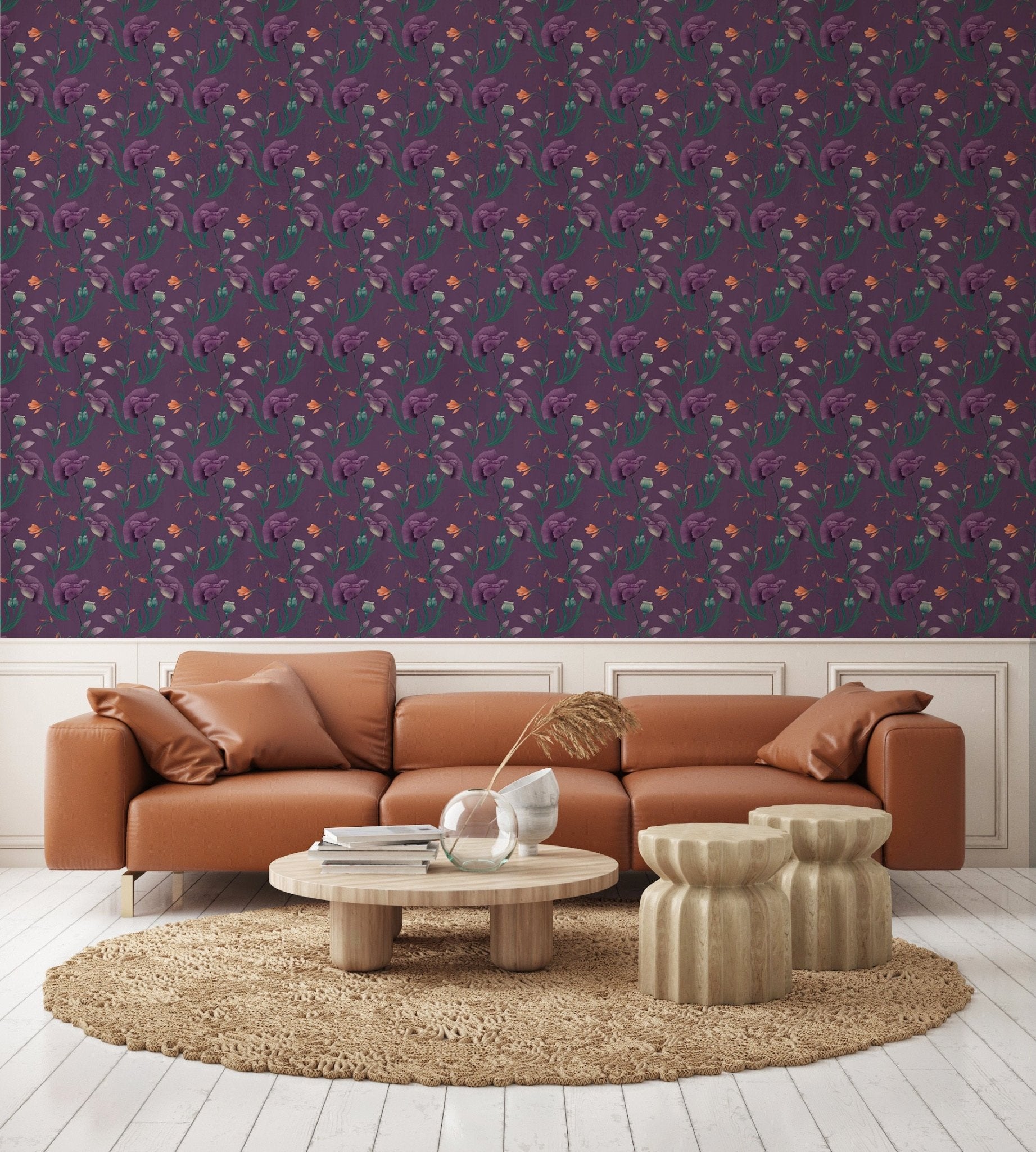 Papier peint floral purple, mural concept, tendance