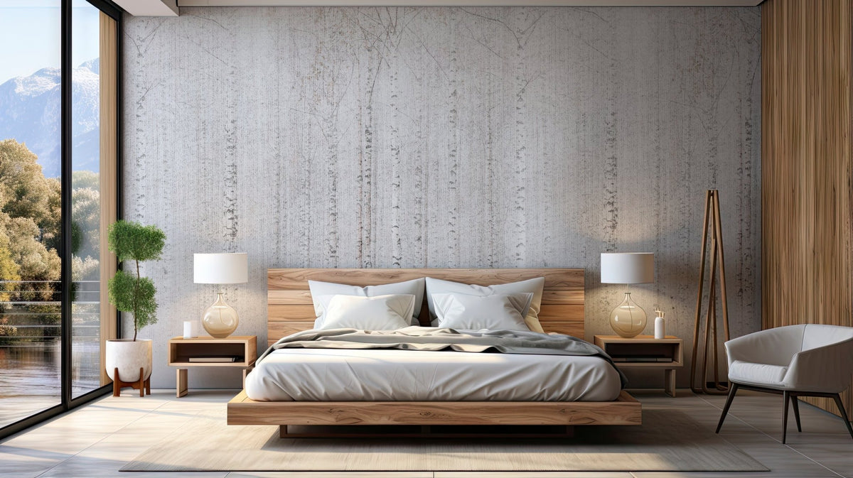 Enveloping birch forest wallpaper