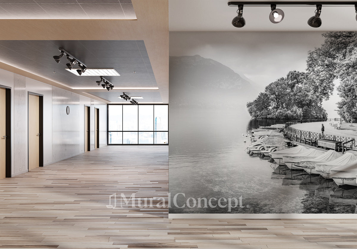 Black and white Annecy Lake contemplation hall wallpaper