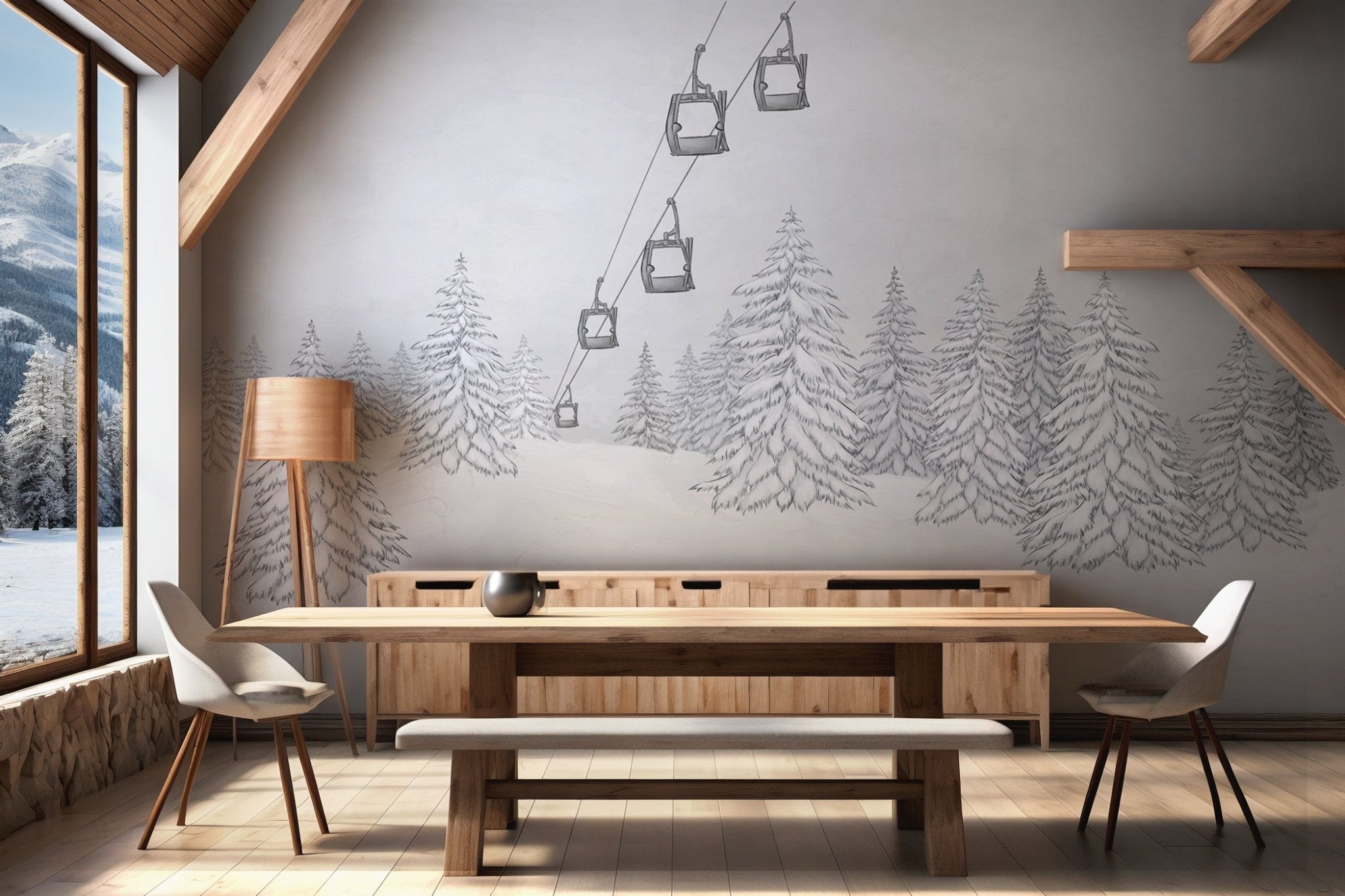 Papier peint montagne télécabine noir & blanc, mural concept, tendance