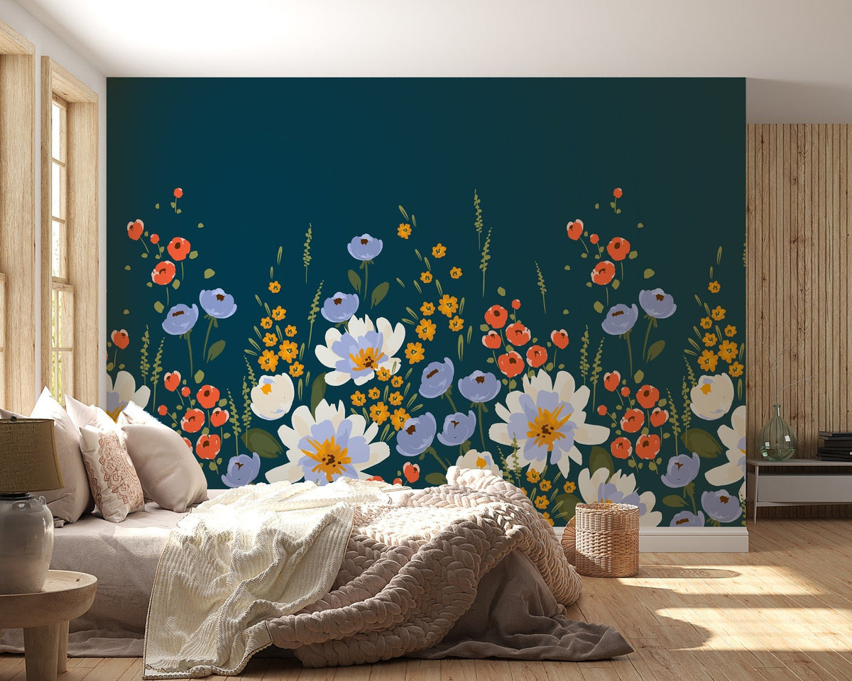 Blue velvet floral panoramic wallpaper