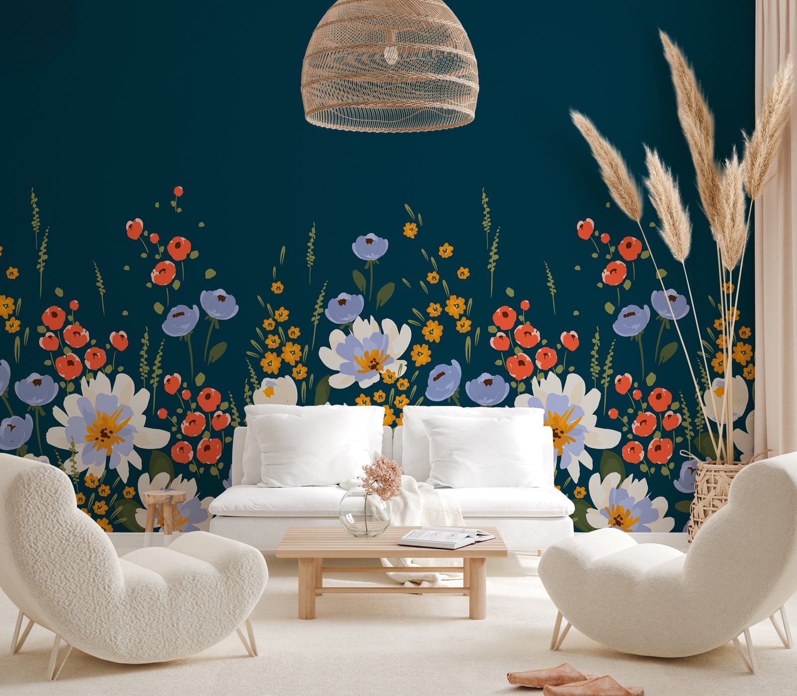 Papier peint panoramique bleu velours floral - panoramique français