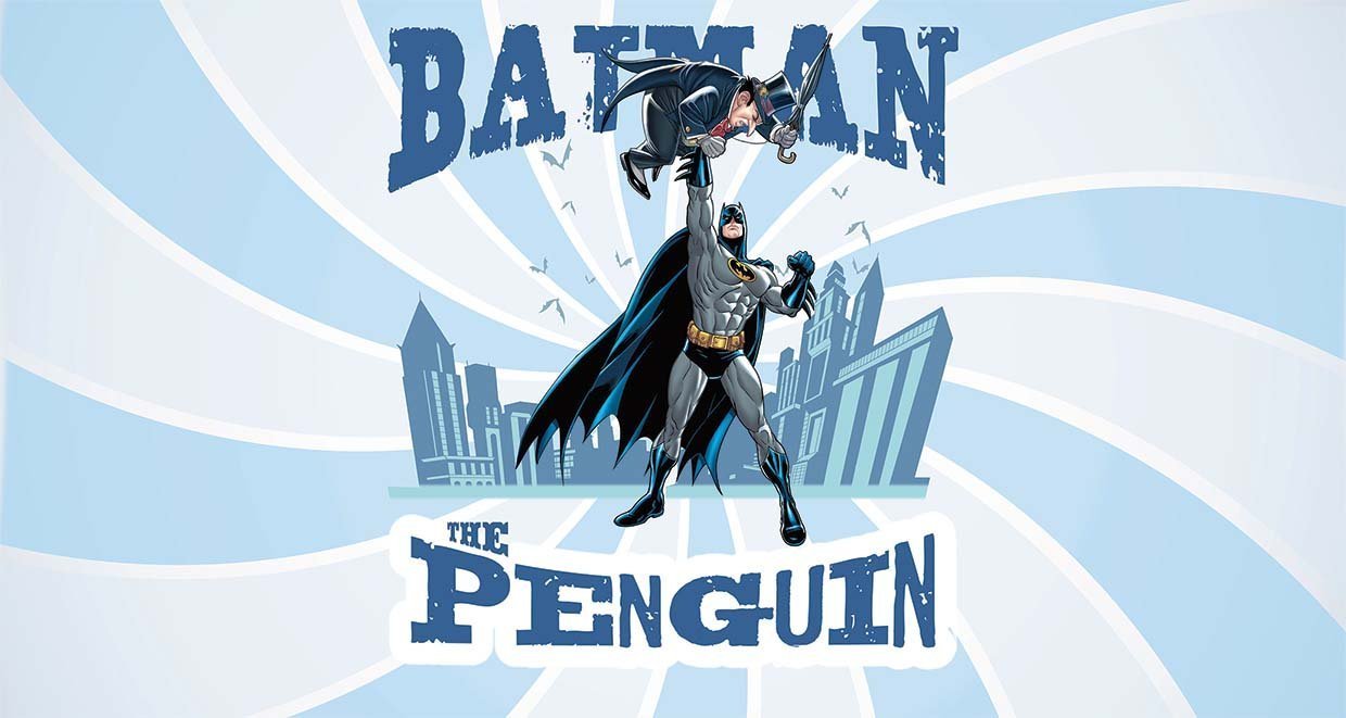 Papier peint panoramique héro batman vs the penguin BD combat - papier peint sur mesure francais - muralconcept