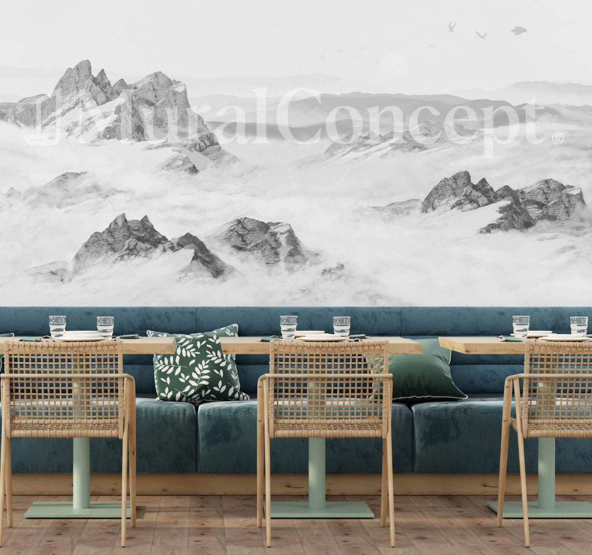 Black and white mountain restaurant wallpaper
