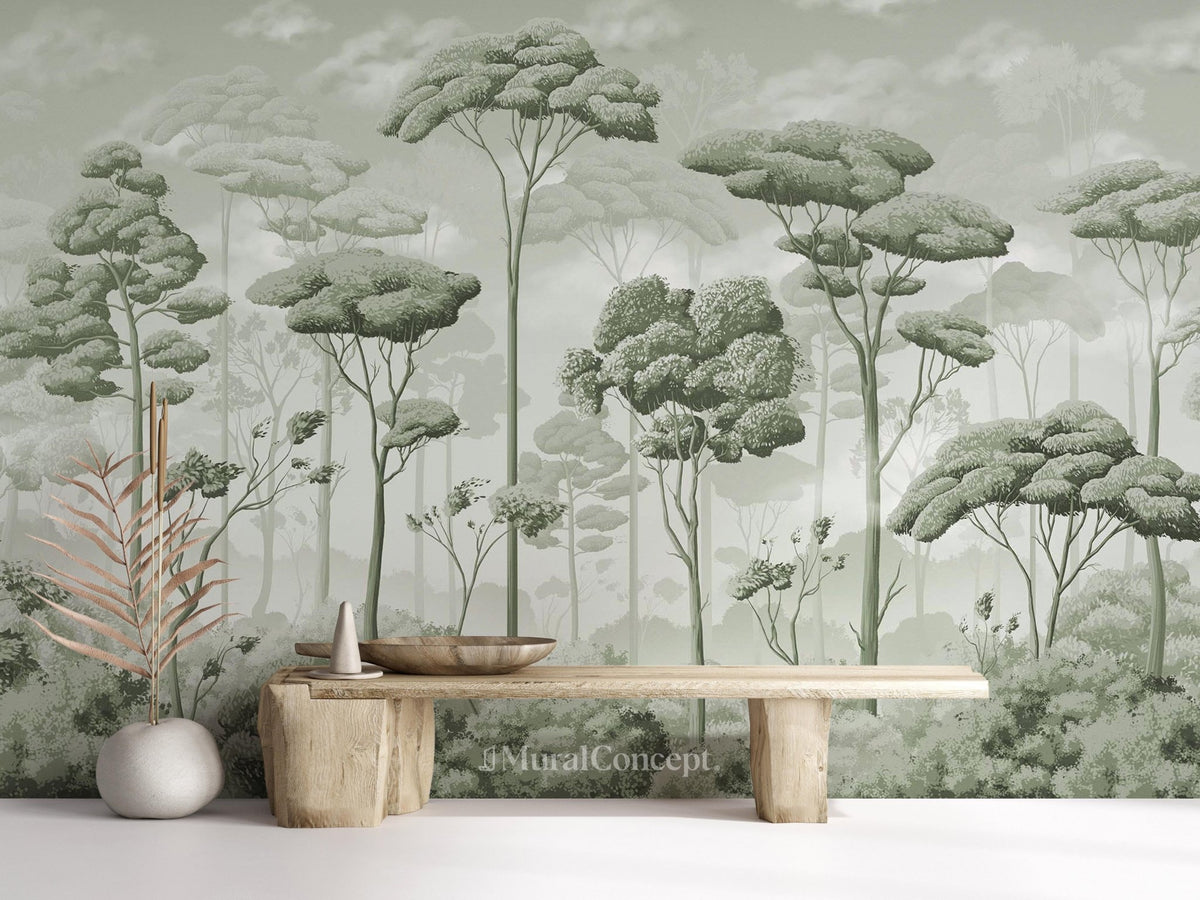 Panoramic pinewood voluptuous green wallpaper