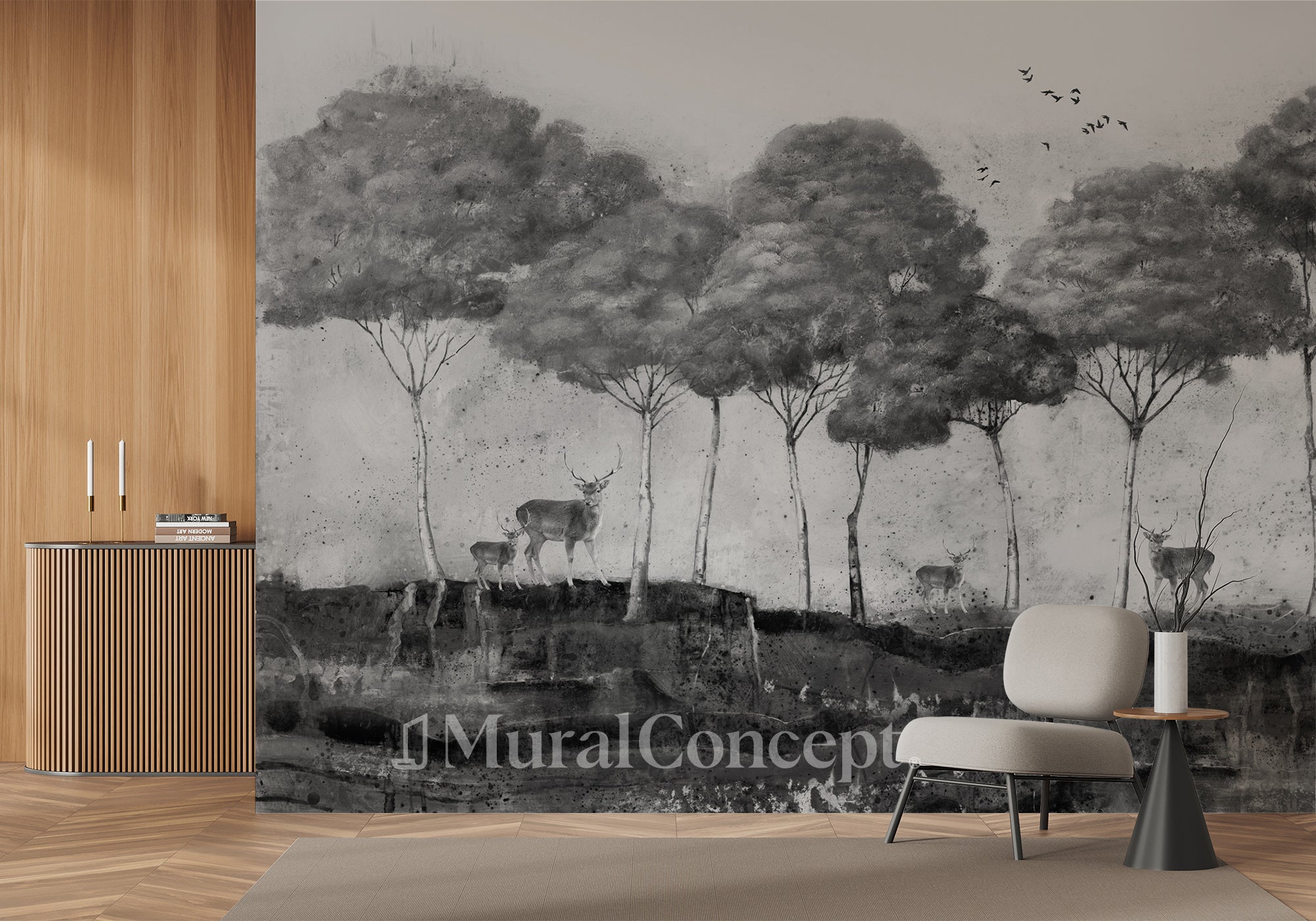 Papier peint panoramique Pins & Cerfs Mystiques - panoramique français