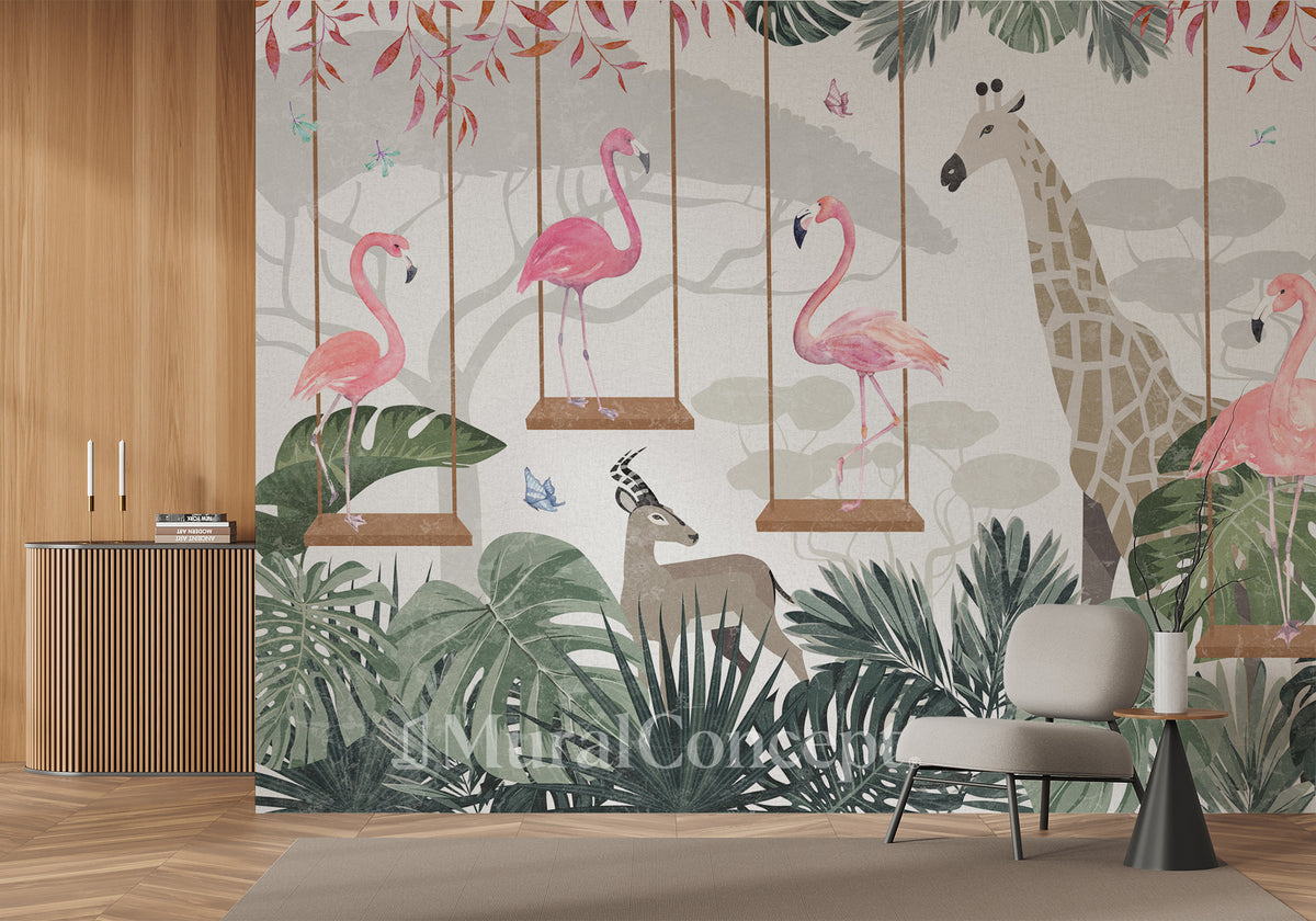 Savana sweet flamingo panoramic wallpaper