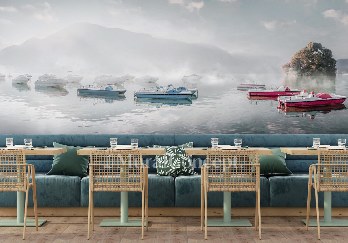 Wallpaper restaurant a cool morning at vintage Lake Annecy
