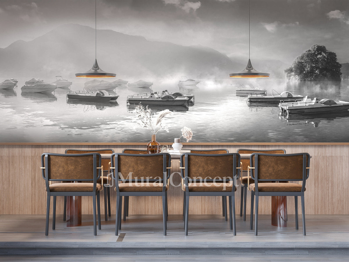 Restaurant wallpaper on a cool morning at Lake Annecy black and white