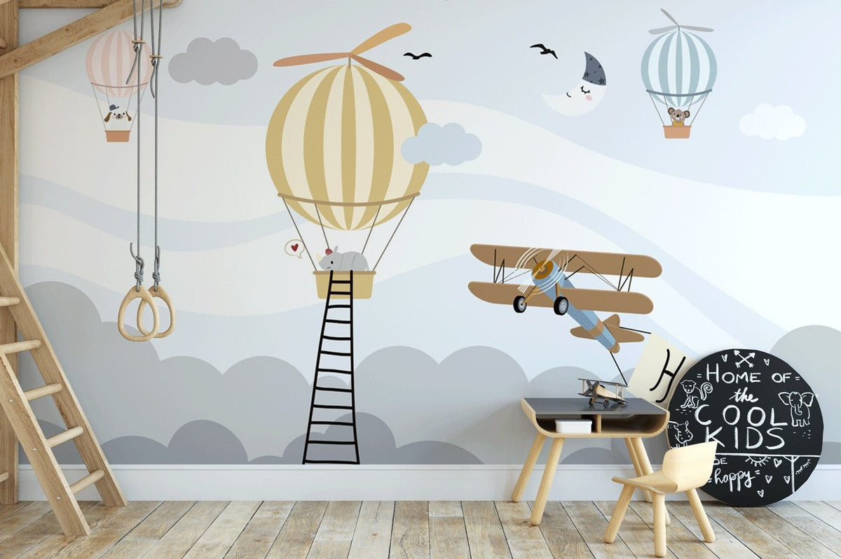 Children's wallpaper rhinoceros plane and hot-air balloon