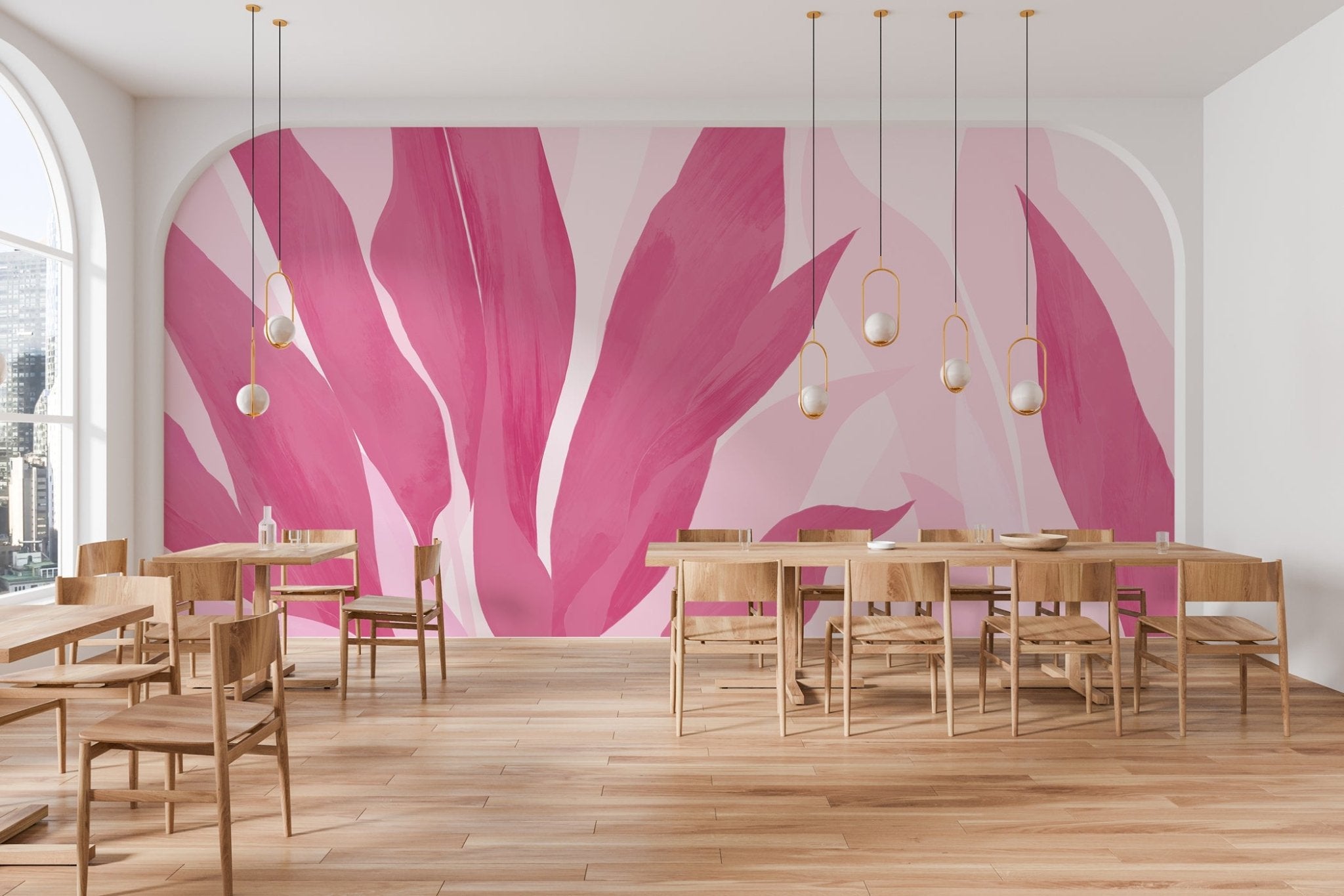 Papier peint panoramique étoffe florale rose, mural concept, tendance