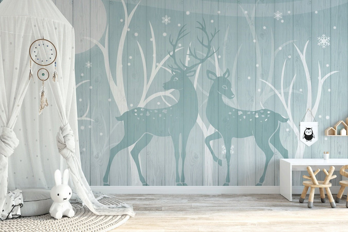 Trendy blue forest deer wallpaper