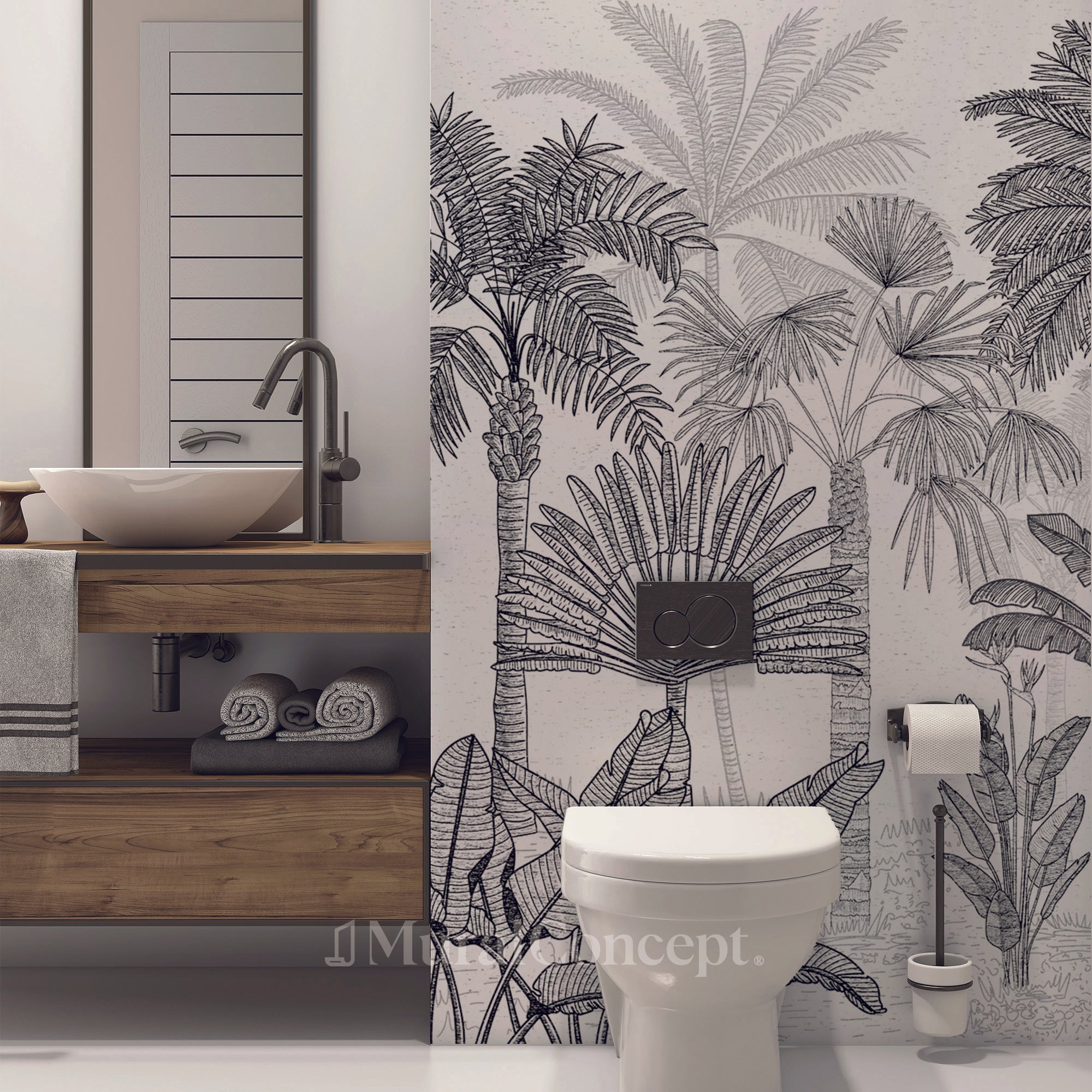 Papier peint toilette jungle cocotier tendance gravure - panoramique sur mesure francais - muralconcept
