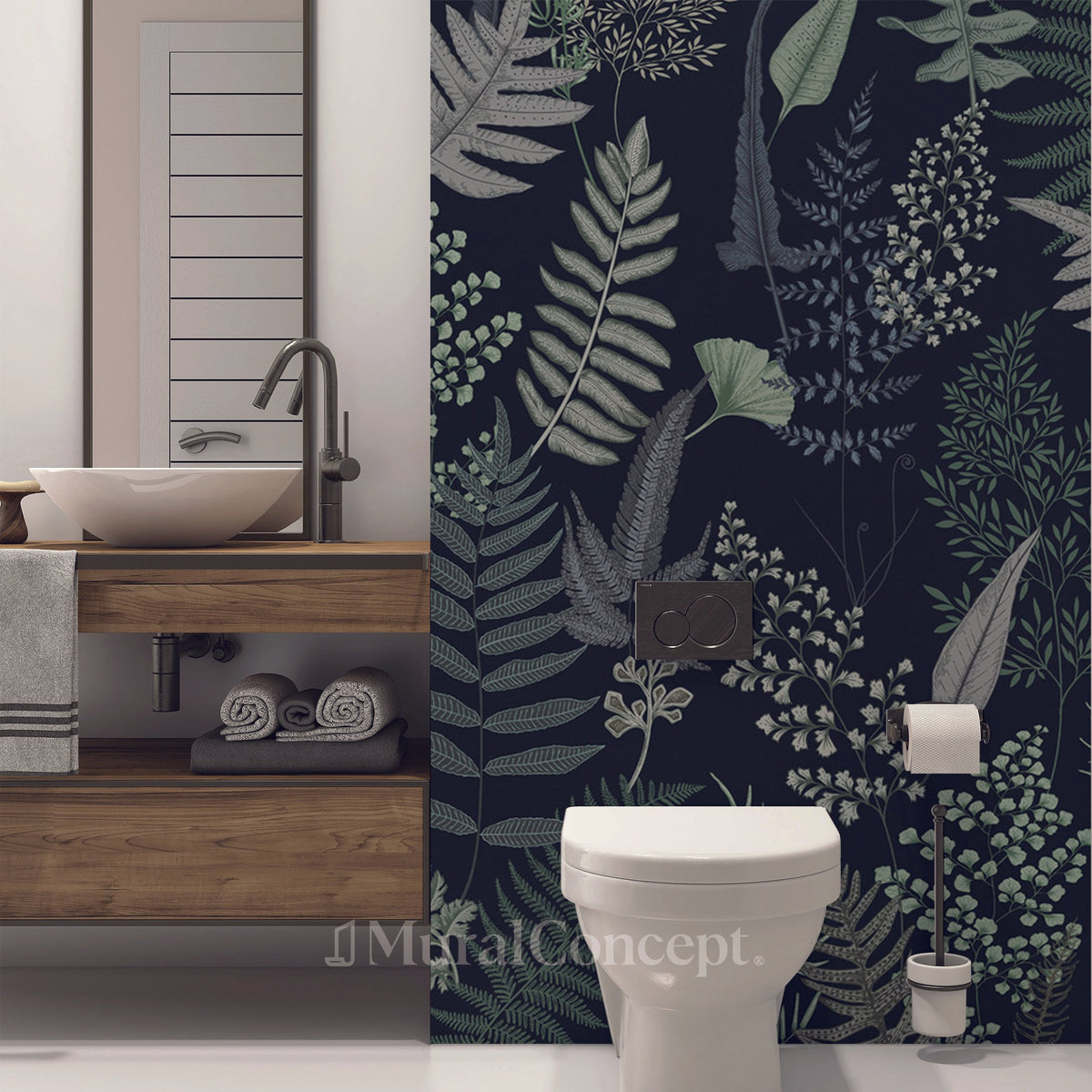 Navy blue leaf dense toilet wallpaper